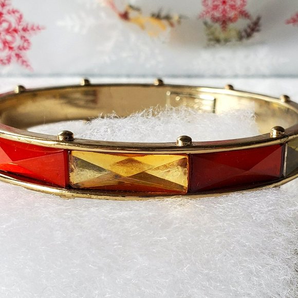 Jessica Simpson Retro Orange Yellow Rhinestone Gold Bangle Bracelet - Picture 5 of 11